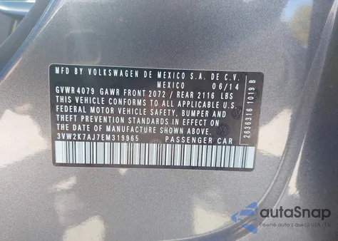 2014 Volkswagen Jetta S from USA, damaged, VIN 3VW2K7AJ7EM319965